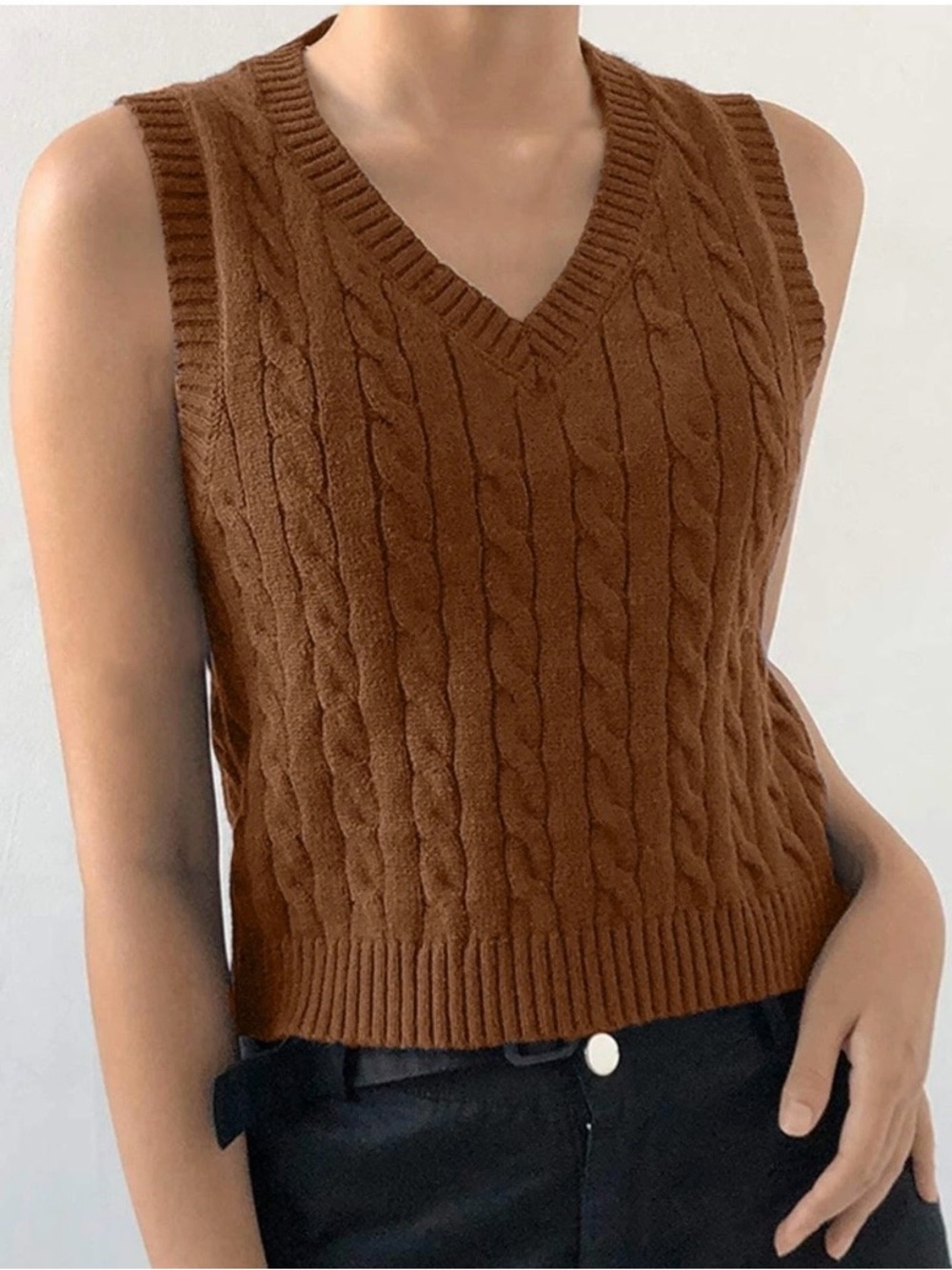 Haute Monde Cable Knit V-Neck Sweater Vest - Rust Orange